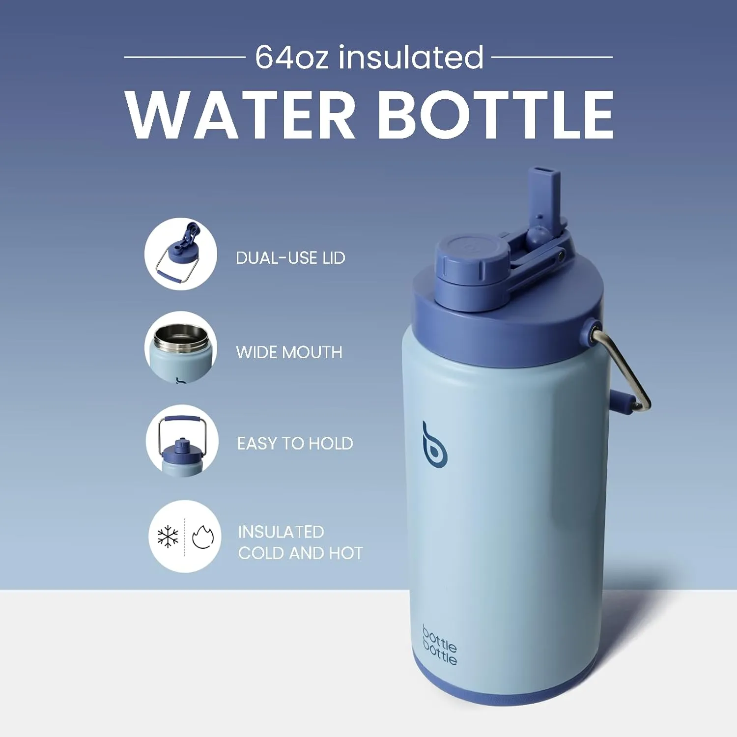 BOTTLE BOTTLE Insulated Water Bottle 64 oz with Straw and Dual-use Lid Half Gallon Water Jug Vacuum Stainless Steel for Workout Sports Insulated Beer Growler with Handle and Pills Holder Blue