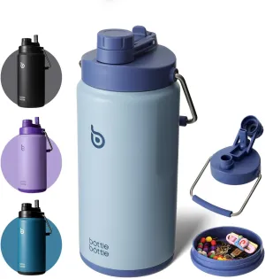 BOTTLE BOTTLE Insulated Water Bottle 64 oz with Straw and Dual-use Lid Half Gallon Water Jug Vacuum Stainless Steel for Workout Sports Insulated Beer Growler with Handle and Pills Holder Blue