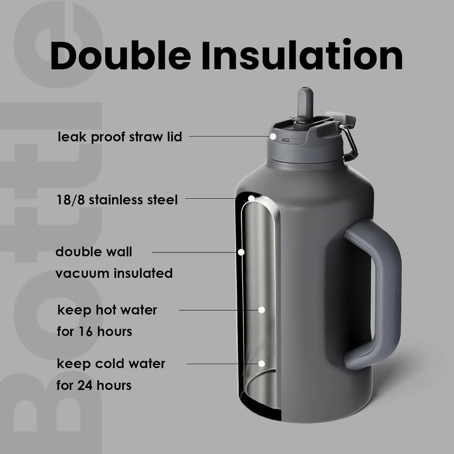 BOTTLE BOTTLE Insulated Water Bottle 64 oz with Straw and Dual-use Lid Stainless Steel Water Bottle for Men with Handle Vacuum Insulated Beer Growler for Workout Sports Soccer gray