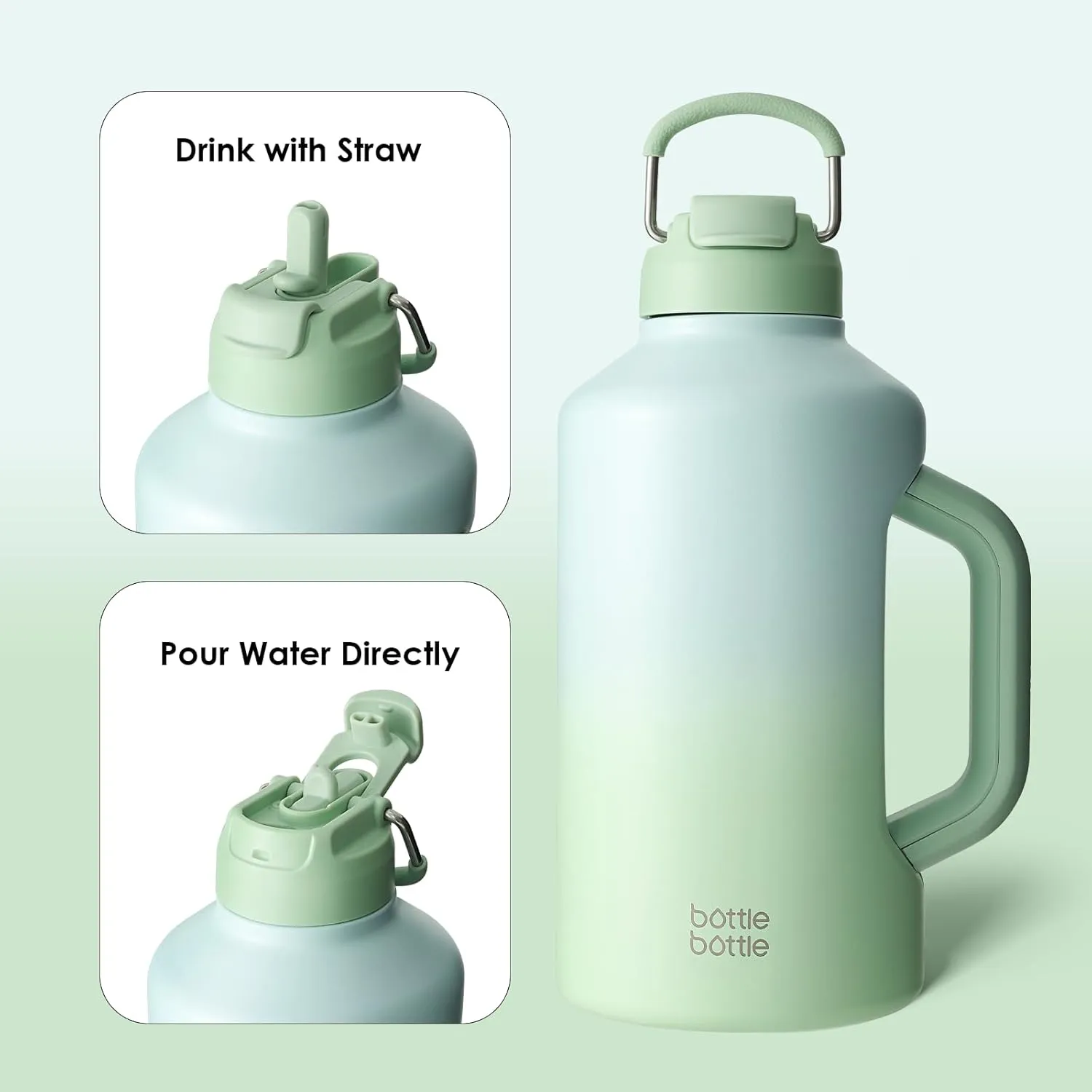 BOTTLE BOTTLE Insulated Water Bottle 64 oz with Straw and Dual-use Lid Stainless Steel Water Bottle with Handle Vacuum Insulated Jug for Workout and Sports green gradient