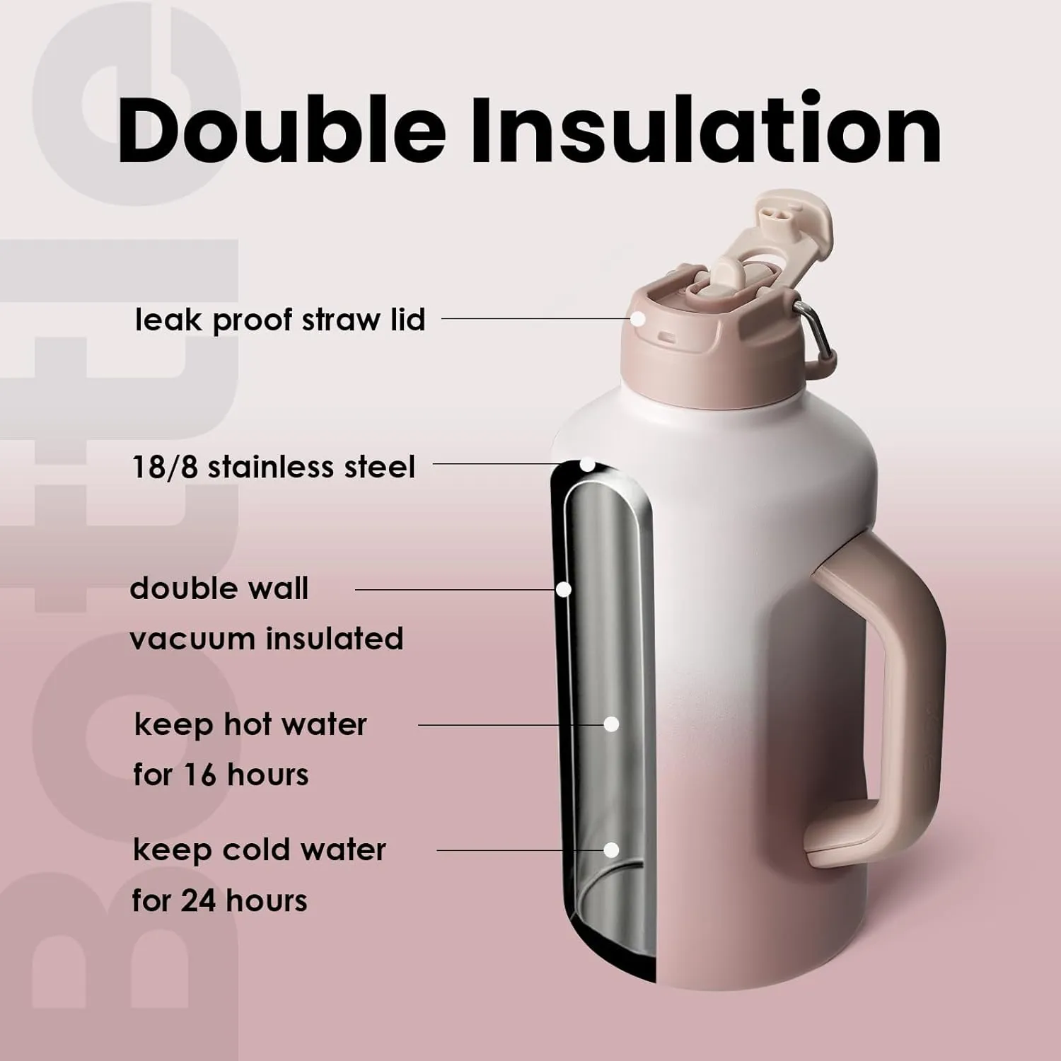 BOTTLE BOTTLE Insulated Water Bottle 64 oz with Straw and Dual-use Lid Stainless Steel Water Bottle with Handle Vacuum Stainless Steel Jug for Workout and Sports pink gradient