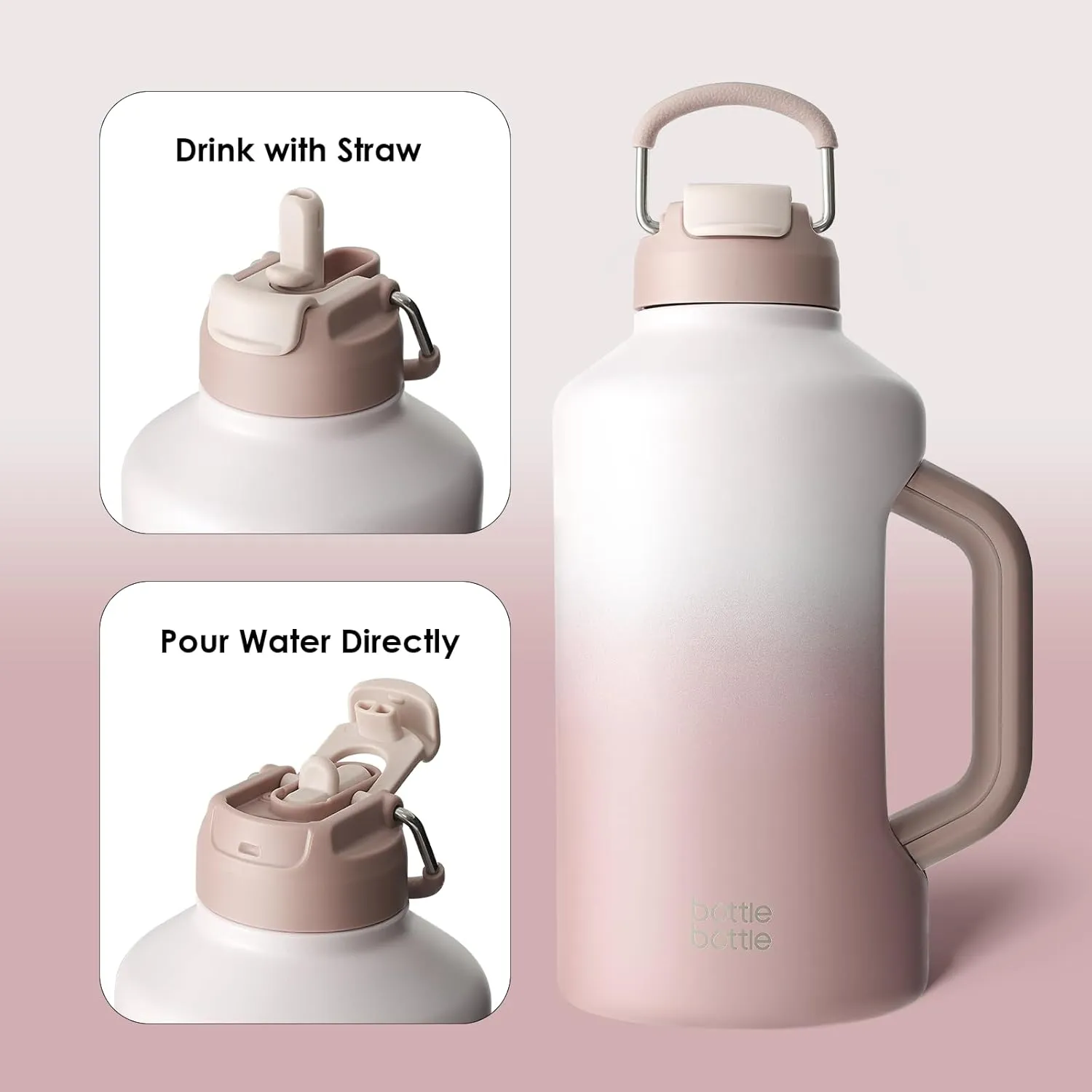 BOTTLE BOTTLE Insulated Water Bottle 64 oz with Straw and Dual-use Lid Stainless Steel Water Bottle with Handle Vacuum Stainless Steel Jug for Workout and Sports pink gradient