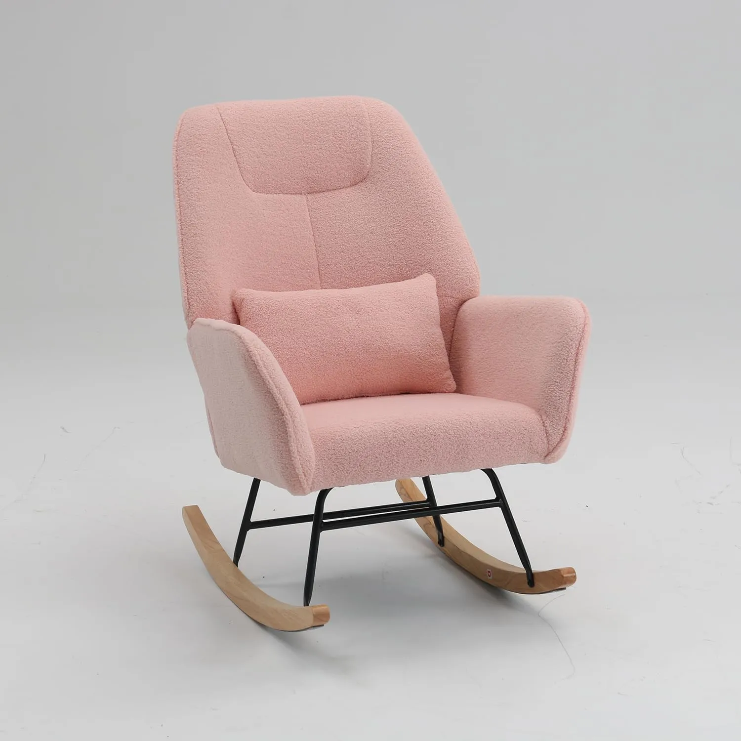 Boucle Rocking Chair with Ottoman and Pillow, Sherpa Furry Accent Arm Chair Lounger, Teddy Fabric Glider Rocker Chair for Living Room/Bedroom/Nursery, High Back, Pink