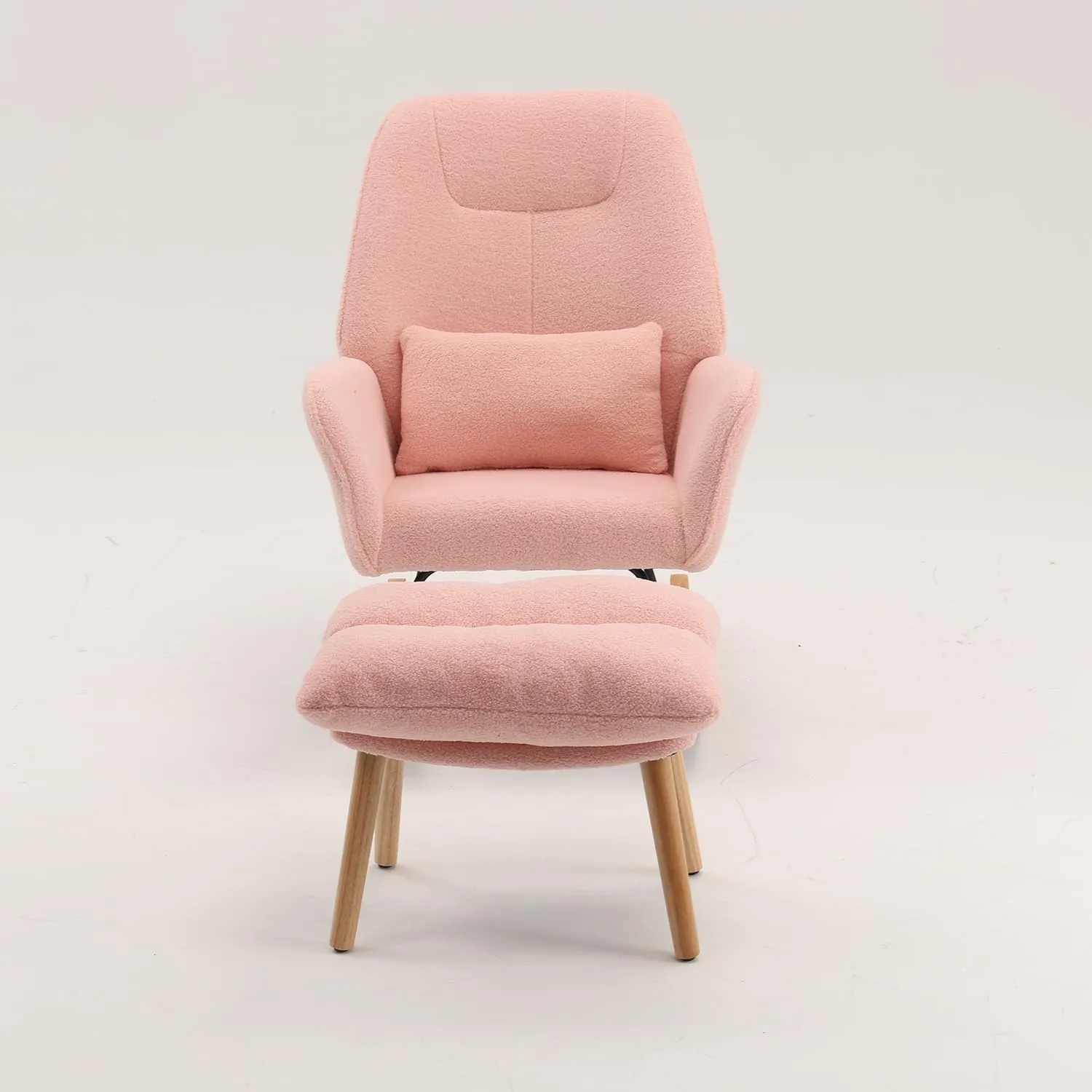 Boucle Rocking Chair with Ottoman and Pillow, Sherpa Furry Accent Arm Chair Lounger, Teddy Fabric Glider Rocker Chair for Living Room/Bedroom/Nursery, High Back, Pink