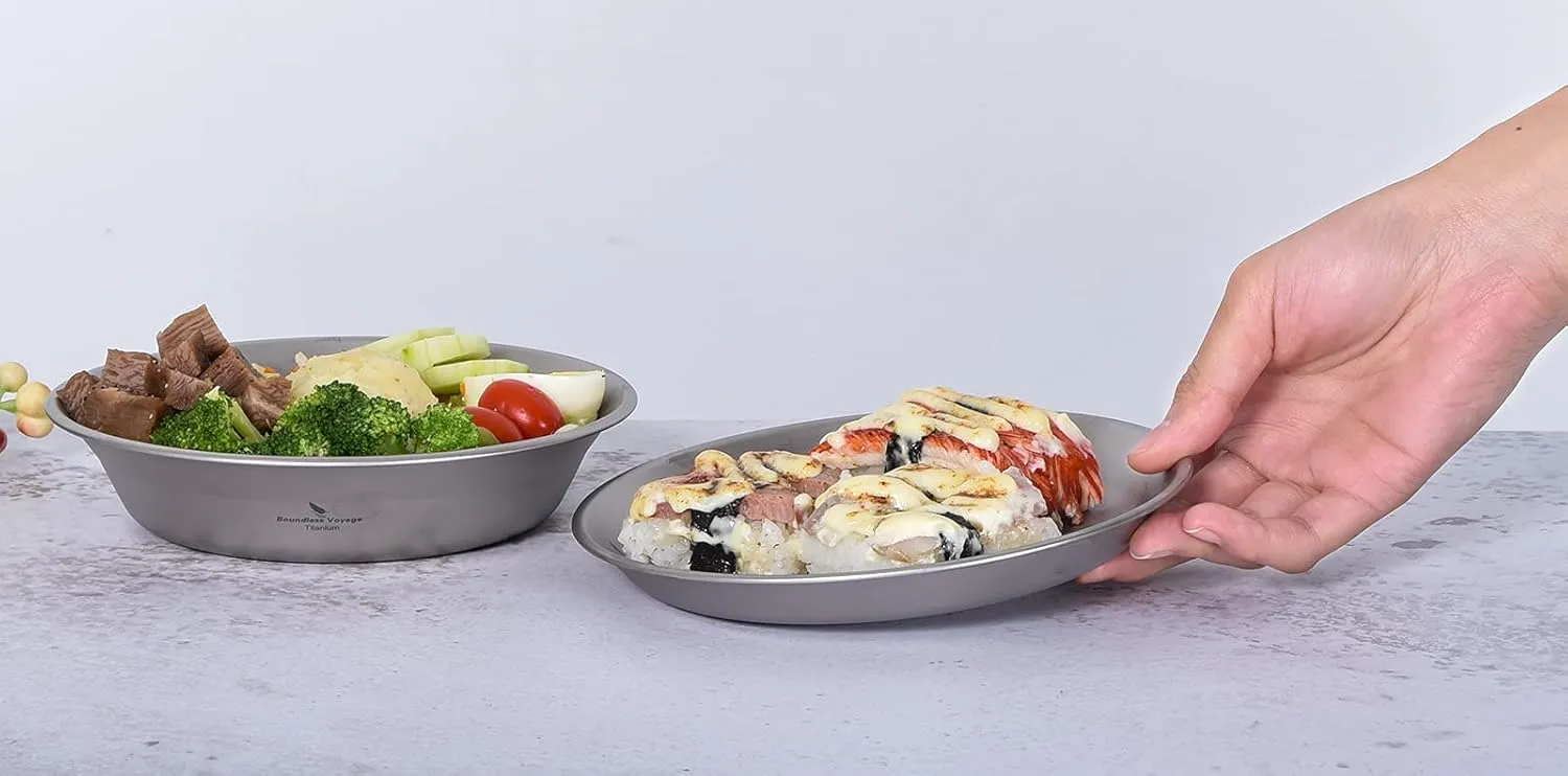 Boundless Voyage Ultralight Titanium Bowl Pan Plate Dish with Carry Bag Outdoor Camping Portable Tableware Cookware (2 Pcs Set (Shallow Bowl Plate))