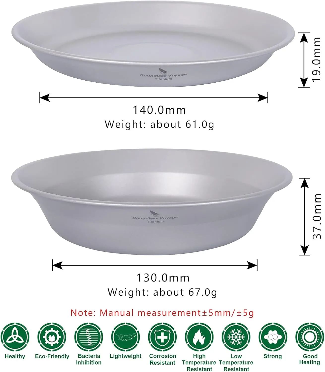 Boundless Voyage Ultralight Titanium Bowl Pan Plate Dish with Carry Bag Outdoor Camping Portable Tableware Cookware (2 Pcs Set (Shallow Bowl Plate))