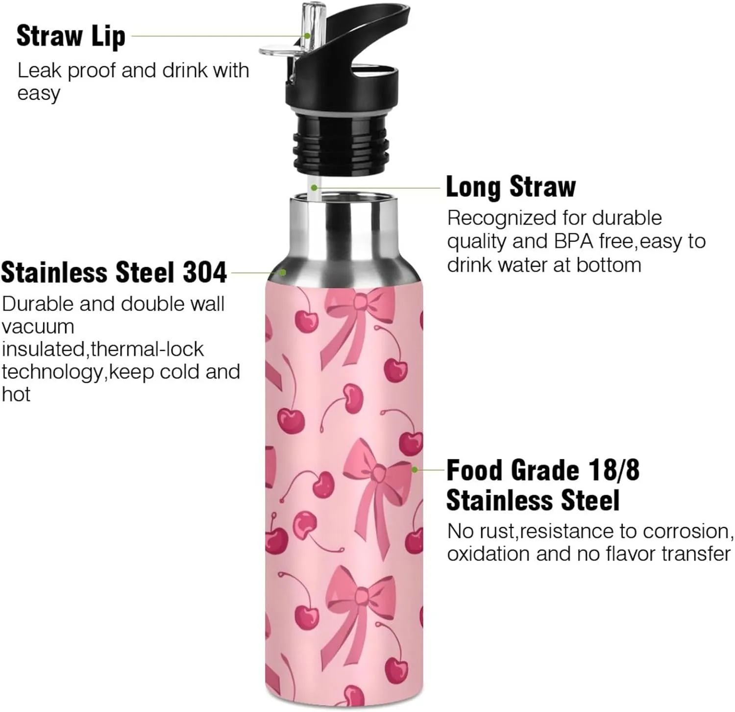 Bow Cherry Pink Water Bottles for Boys Kids Thermos Bottle Cups with Straw Lid Insulated Stainless Steel Leakproof Water Flask Jug 20 oz