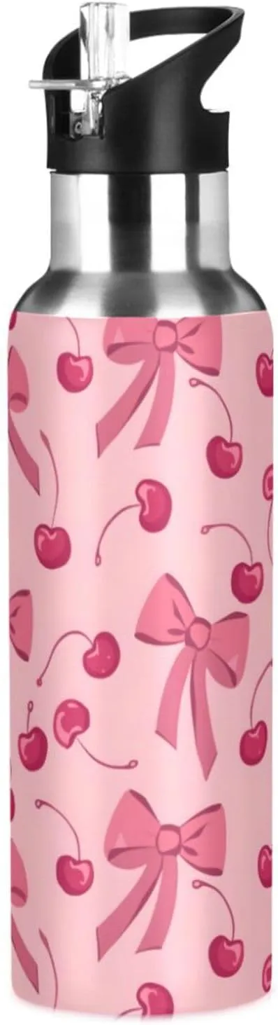 Bow Cherry Pink Water Bottles for Boys Kids Thermos Bottle Cups with Straw Lid Insulated Stainless Steel Leakproof Water Flask Jug 20 oz