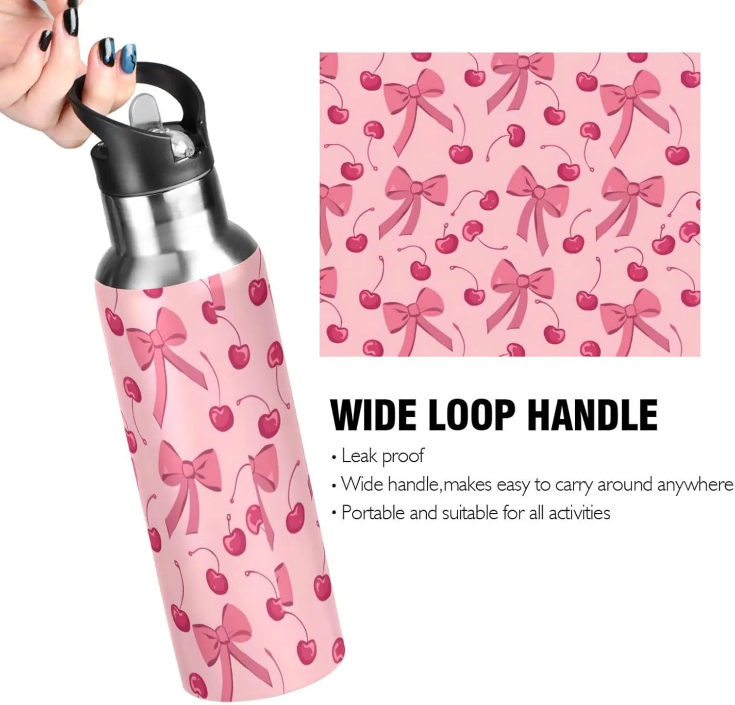 Bow Cherry Pink Water Bottles for Boys Kids Thermos Bottle Cups with Straw Lid Insulated Stainless Steel Leakproof Water Flask Jug 20 oz