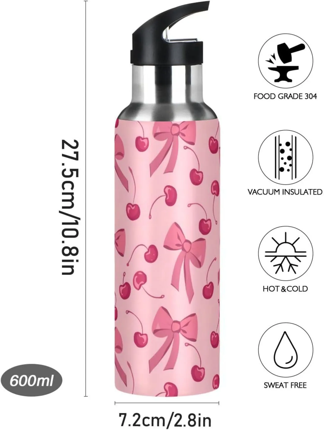 Bow Cherry Pink Water Bottles for Boys Kids Thermos Bottle Cups with Straw Lid Insulated Stainless Steel Leakproof Water Flask Jug 20 oz