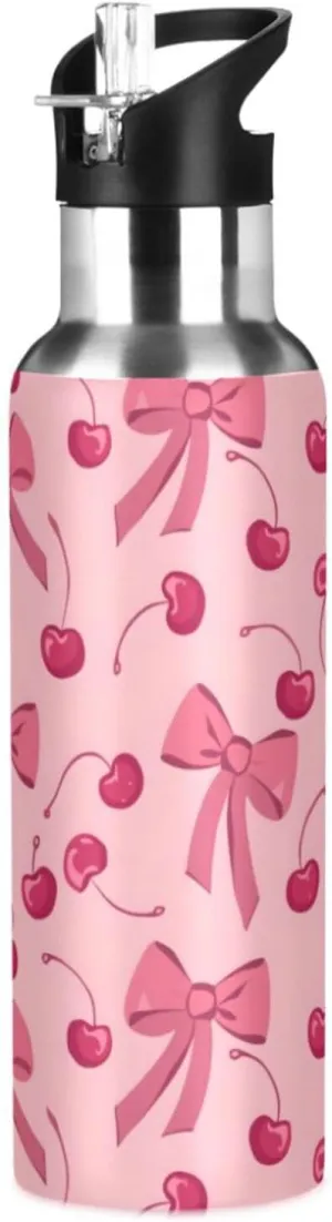 Bow Cherry Pink Water Bottles for Boys Kids Thermos Bottle Cups with Straw Lid Insulated Stainless Steel Leakproof Water Flask Jug 20 oz