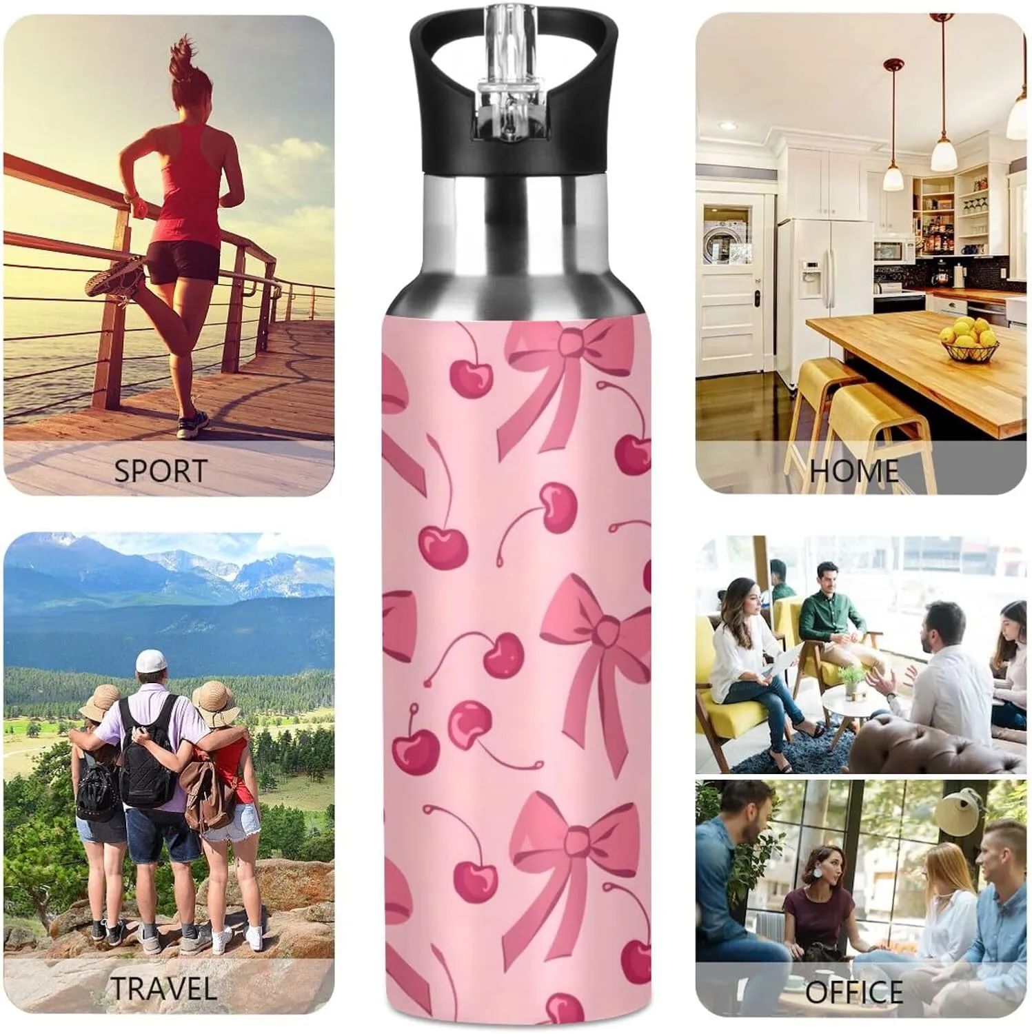 Bow Cherry Pink Water Bottles for Boys Kids Thermos Bottle Cups with Straw Lid Insulated Stainless Steel Leakproof Water Flask Jug 20 oz