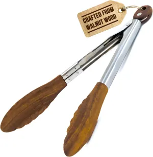 Boxiki Kitchen Tongs for Cooking with Wooden Tips - Nonstick Cooking Tongs & Salad Tongs for Serving Food, Grilling, Cooking, BBQ and Tossing Salad - Made of Natural Walnut Wood, Size 12-inch