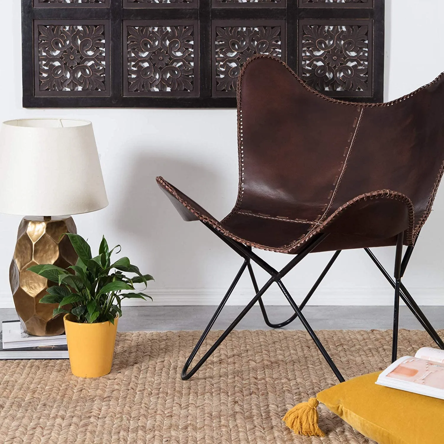 Brown Leather arm Chair Star Butterfly Leather Butterfly Chair Home Decor -ONLY Cover (Brown)