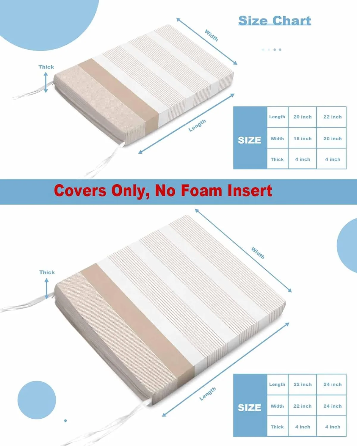 Brown Stripe Outdoor Cushion Chair Cover Set of 2 - Waterproof Couch Seat Covers, Modern Rustic Horizontal Brown Striped Patio Furniture Protector Cushions Slipcovers for Sofa/RV, 24"x24"x4"