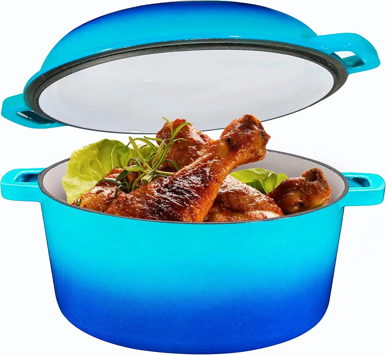 Bruntmor 2-in-1 Enamel Cast Iron Dutch Oven With Handles - Crock Pot Caribbean Blue Cast Iron pot with Skillet lid - All-in-One Cookware Braising Pan for Casserole Dish - 5 Quart, Caribbean Blue