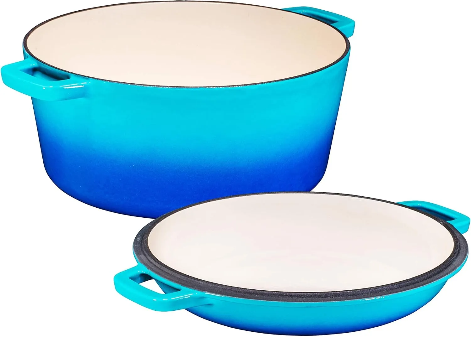 Bruntmor 2-in-1 Enamel Cast Iron Dutch Oven With Handles - Crock Pot Caribbean Blue Cast Iron pot with Skillet lid - All-in-One Cookware Braising Pan for Casserole Dish - 5 Quart, Caribbean Blue