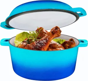 Bruntmor 2-in-1 Enamel Cast Iron Dutch Oven With Handles - Crock Pot Caribbean Blue Cast Iron pot with Skillet lid - All-in-One Cookware Braising Pan for Casserole Dish - 5 Quart, Caribbean Blue