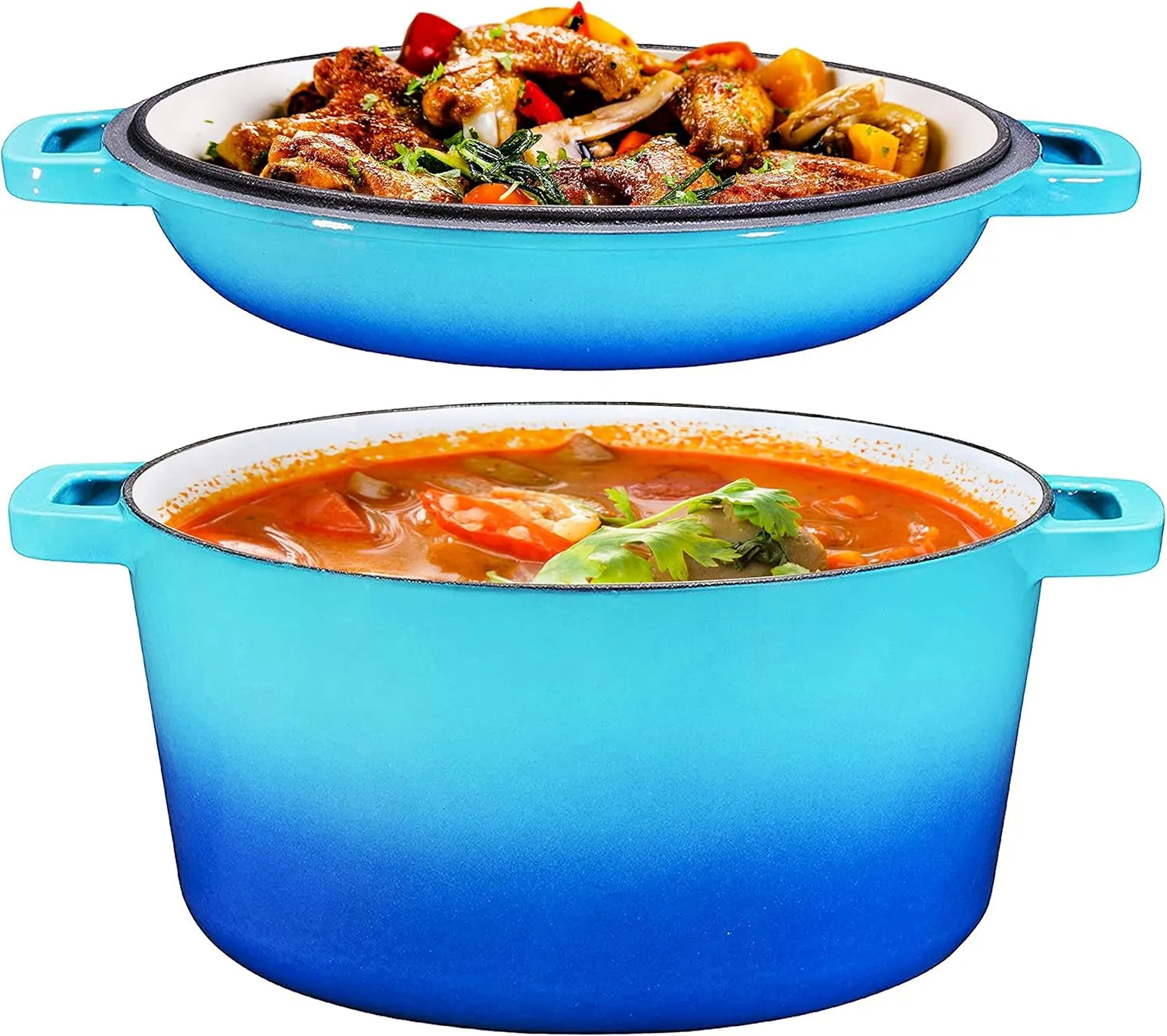 Bruntmor 2-in-1 Enamel Cast Iron Dutch Oven With Handles - Crock Pot Caribbean Blue Cast Iron pot with Skillet lid - All-in-One Cookware Braising Pan for Casserole Dish - 5 Quart, Caribbean Blue