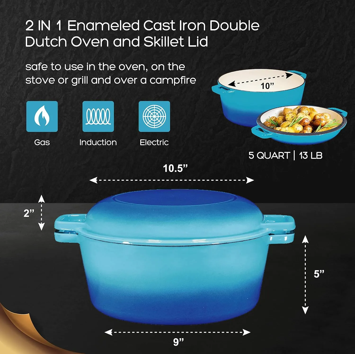 Bruntmor 2-in-1 Enamel Cast Iron Dutch Oven With Handles - Crock Pot Caribbean Blue Cast Iron pot with Skillet lid - All-in-One Cookware Braising Pan for Casserole Dish - 5 Quart, Caribbean Blue