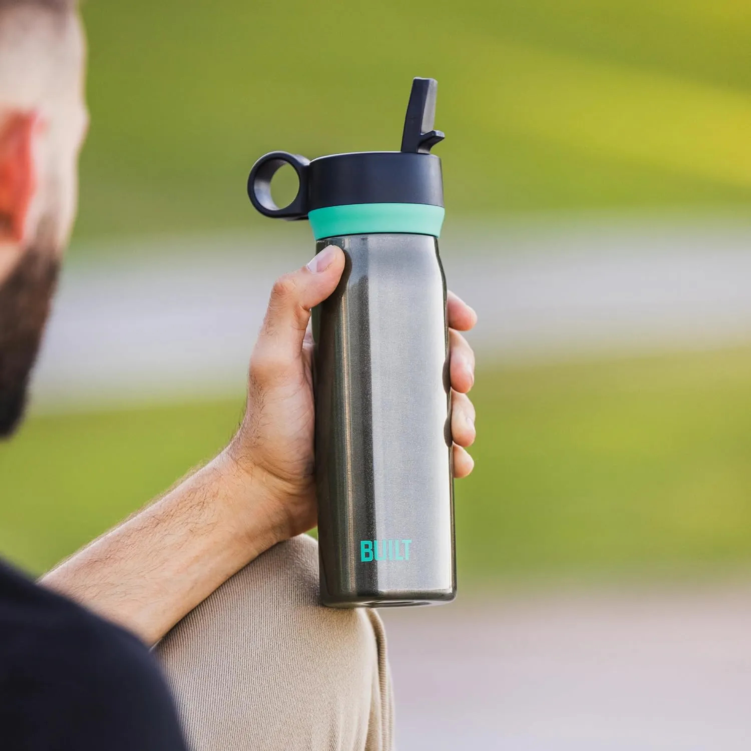 BUILT 20 fl oz Double-Walled Stainless Steel Wide Mouth Cascade Bottle, Straw Lid Spill-resistant Travel Cup with Rubber Grip Keep Drinks Cold Hot for Home Travel