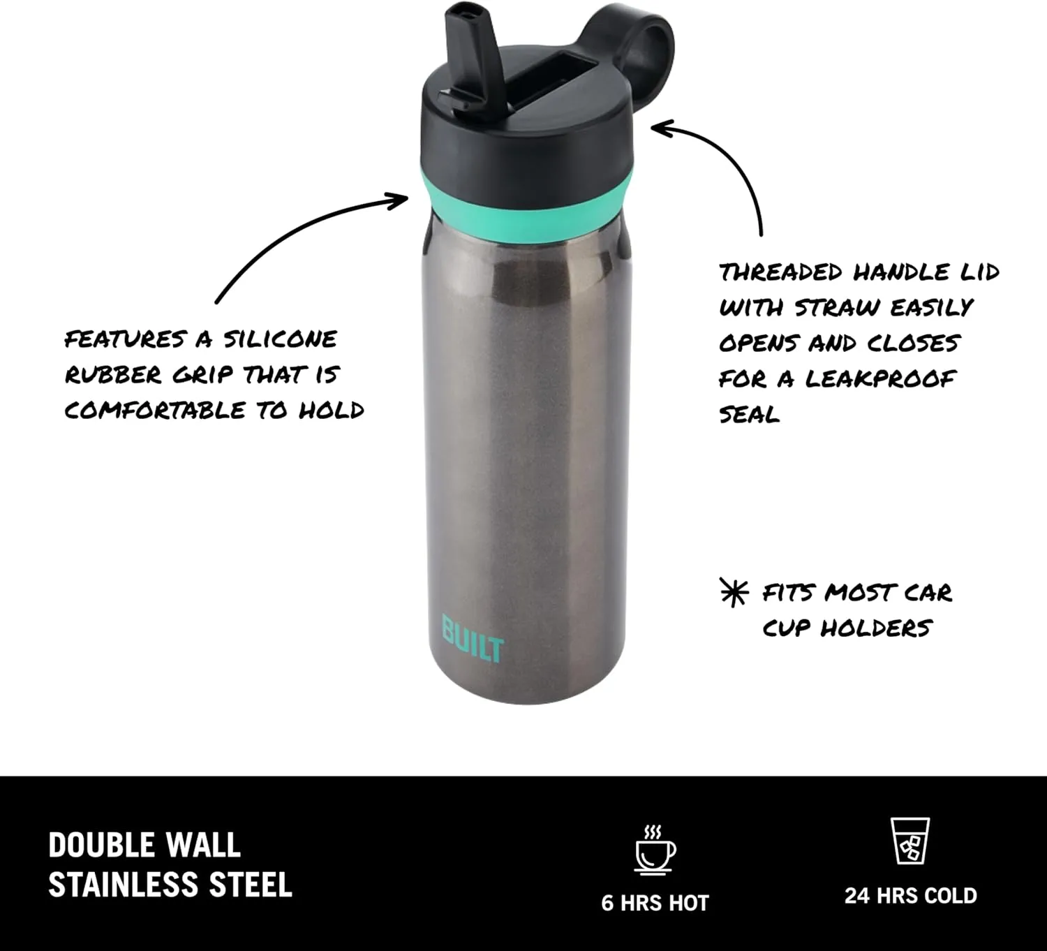 BUILT 20 fl oz Double-Walled Stainless Steel Wide Mouth Cascade Bottle, Straw Lid Spill-resistant Travel Cup with Rubber Grip Keep Drinks Cold Hot for Home Travel