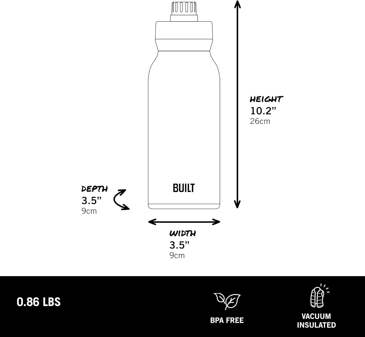 BUILT 32 fl oz Double-Walled Stainless Steel Wide Mouth Cascade Bottle, Chug Lid Spill-resistant Travel Cup with Rubber Grip Keep Drinks Cold Hot for Home Travel