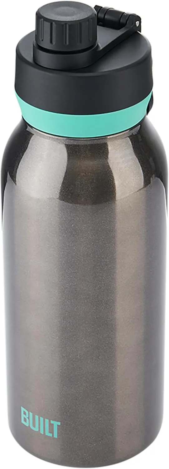 BUILT 32 fl oz Double-Walled Stainless Steel Wide Mouth Cascade Bottle, Chug Lid Spill-resistant Travel Cup with Rubber Grip Keep Drinks Cold Hot for Home Travel