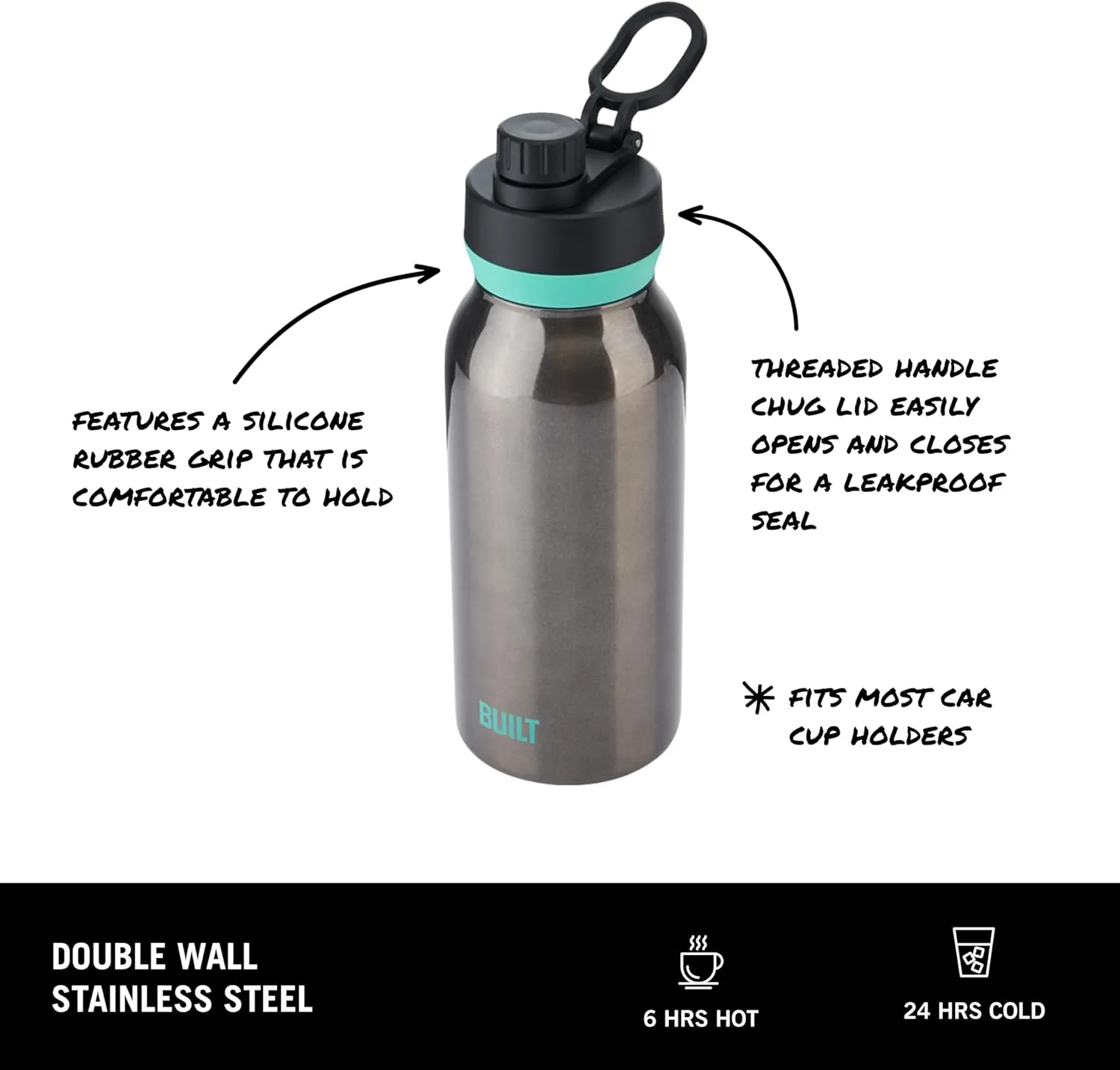 BUILT 32 fl oz Double-Walled Stainless Steel Wide Mouth Cascade Bottle, Chug Lid Spill-resistant Travel Cup with Rubber Grip Keep Drinks Cold Hot for Home Travel