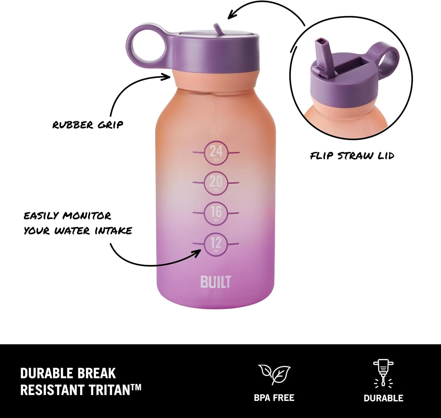 Built 32oz Single-Walled Motivational Bottle with Straw Lid, Purple Sunset, Spill Resistant Travel Cup Keep Drinks Cold for Travel