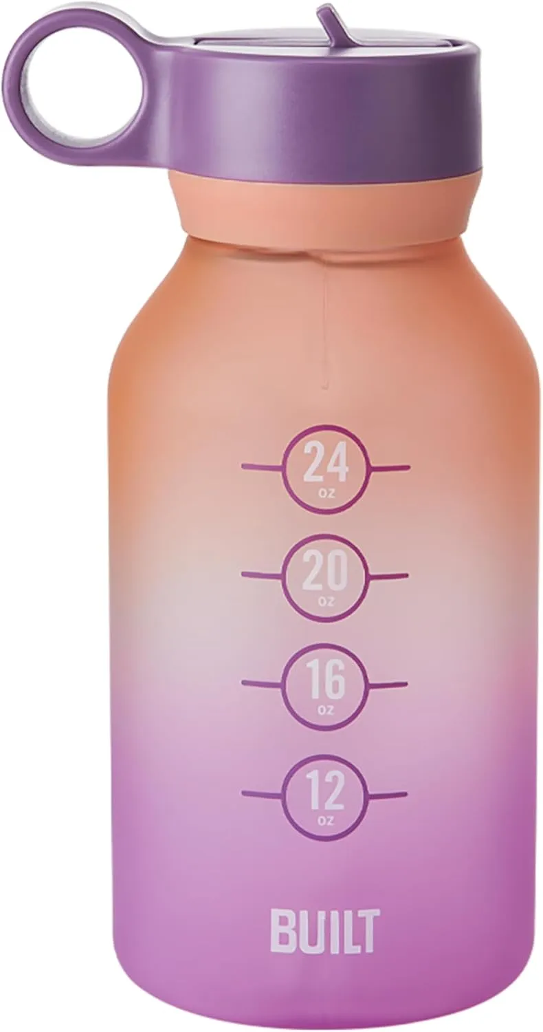 Built 32oz Single-Walled Motivational Bottle with Straw Lid, Purple Sunset, Spill Resistant Travel Cup Keep Drinks Cold for Travel