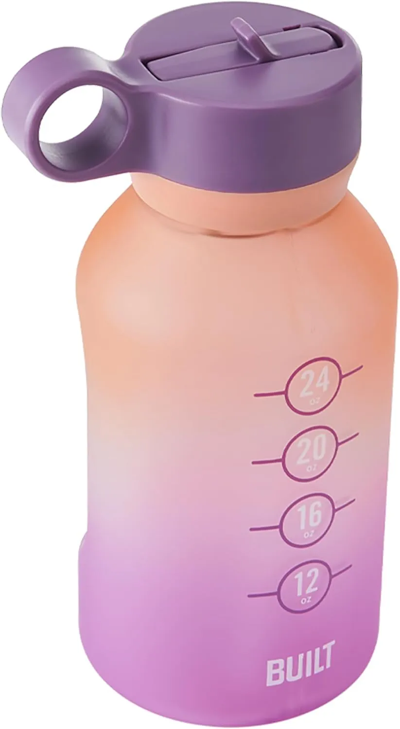 Built 32oz Single-Walled Motivational Bottle with Straw Lid, Purple Sunset, Spill Resistant Travel Cup Keep Drinks Cold for Travel