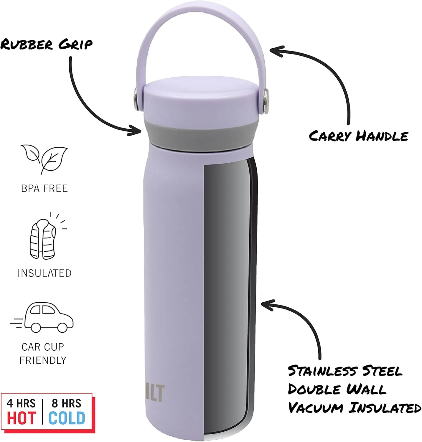 BUILT Cascade Double Wall Vacuum Insulated Stainless Steel Wide Mouth Water Bottle with Comfort Grip and Carry Handle Lid, 20 ounces