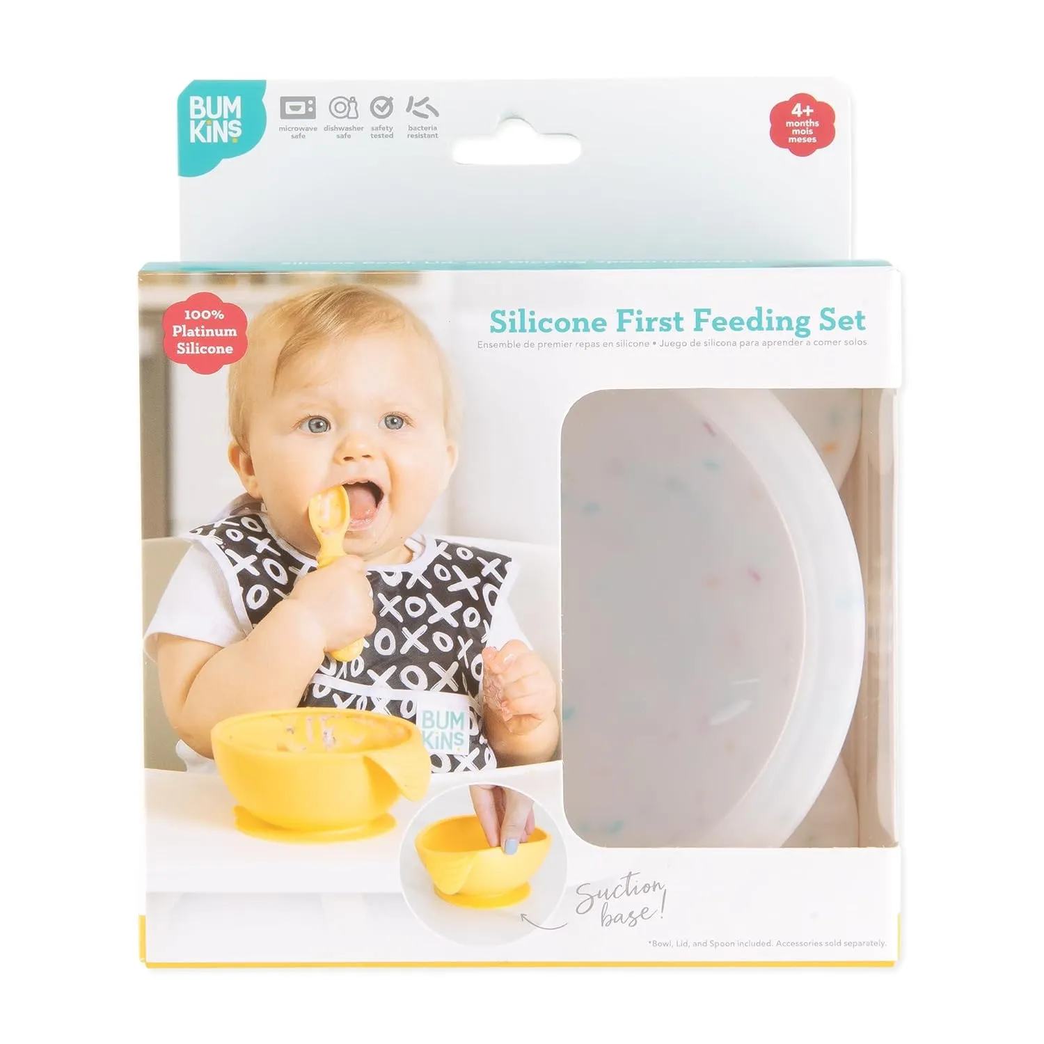 Bumkins Baby Bowls, Silicone Baby Feeding Set, Suction Bowls for Baby and Toddler with Spoon and Lid, First Feeding Set, Platinum Silicone Bowl for Babies 4 Months