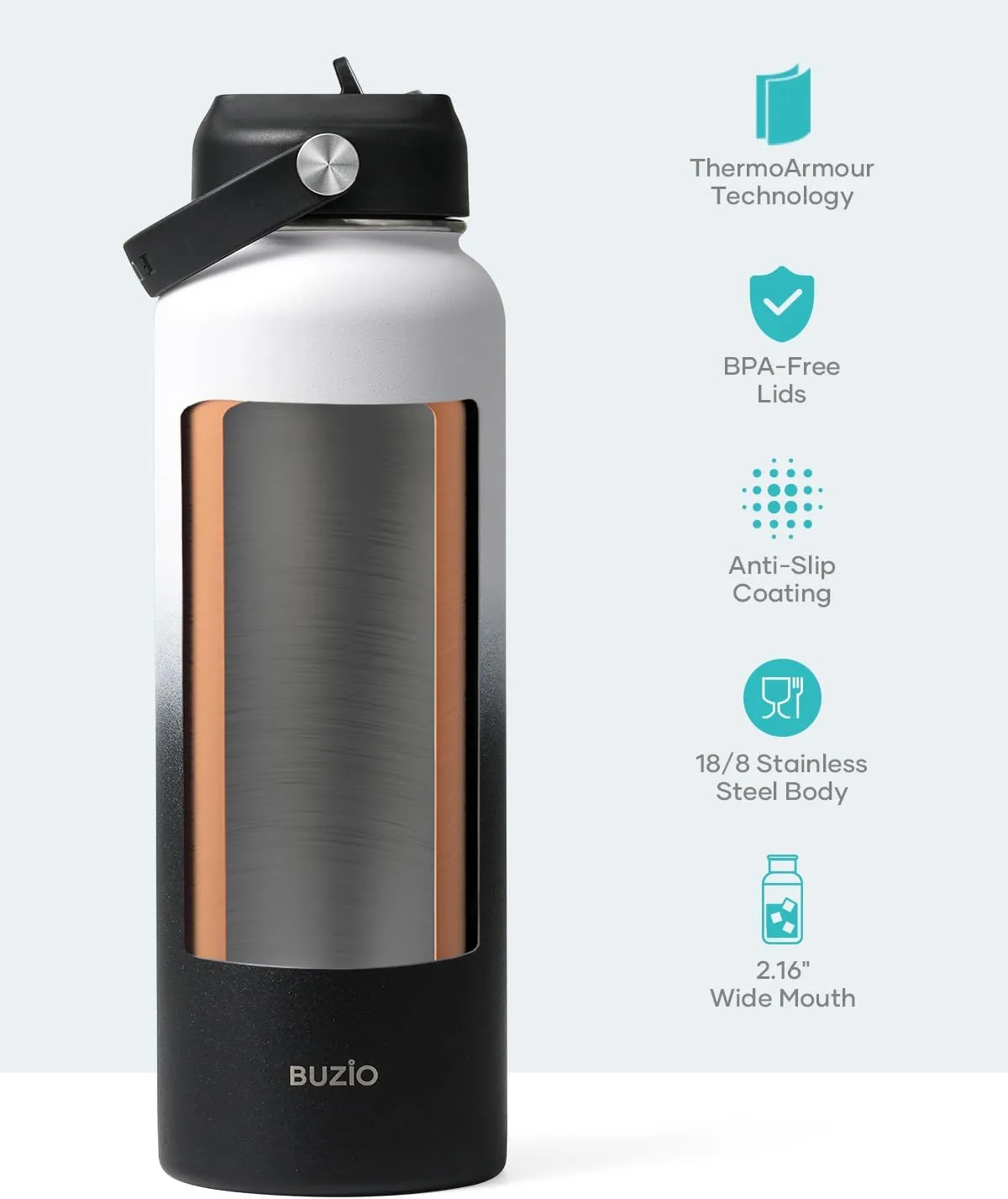 BUZIO Insulated Water Bottle with Straw Lid and Flex Cap, 40oz Modern Double Vacuum Stainless Steel Water Flask, Cold for 48 Hrs Hot for 24 Hrs Simple Thermo Canteen Mug, White and Black