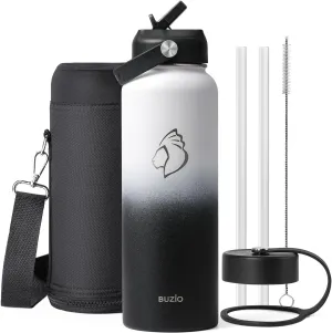 BUZIO Insulated Water Bottle with Straw Lid and Flex Cap, 40oz Modern Double Vacuum Stainless Steel Water Flask, Cold for 48 Hrs Hot for 24 Hrs Simple Thermo Canteen Mug, White and Black