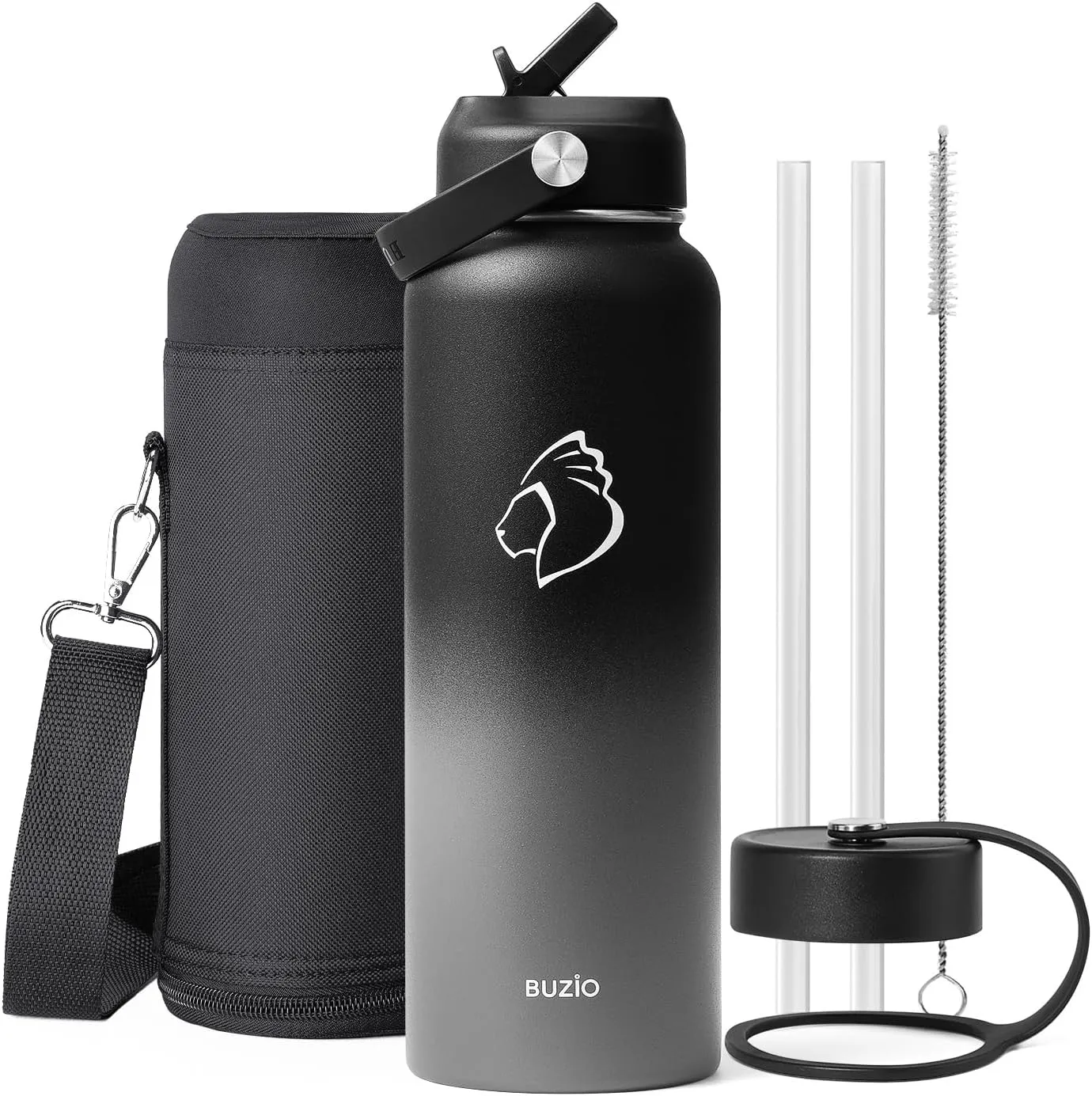 BUZIO Insulated Water Bottle with Straw Lid and Flex Cap, 40oz Modern Double Vacuum Stainless Steel Water Flask, Cold for 48 Hrs Hot for 24 Hrs Simple Thermo Canteen Mug