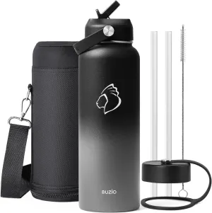 BUZIO Insulated Water Bottle with Straw Lid and Flex Cap, 40oz Modern Double Vacuum Stainless Steel Water Flask, Cold for 48 Hrs Hot for 24 Hrs Simple Thermo Canteen Mug