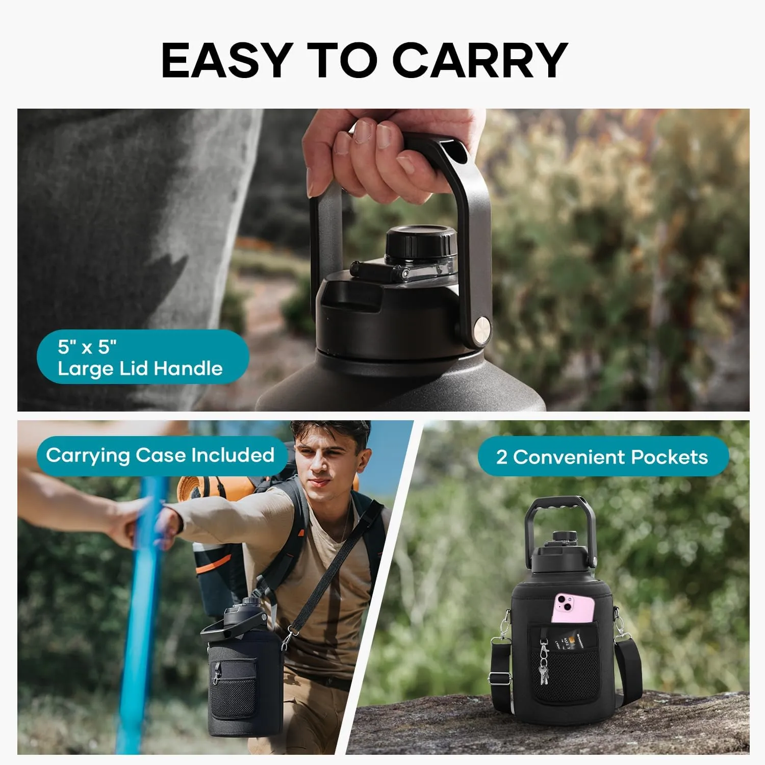 BUZIO One Gallon Water Bottle Insulated, (Cold for 48 Hrs) 128oz Water Jug Large Stainless Steel, 3.58in Big Wide Mouth Leak Proof Metal Flask with Carrying Sleeve for Camping,Gym, Travel, Black Gray