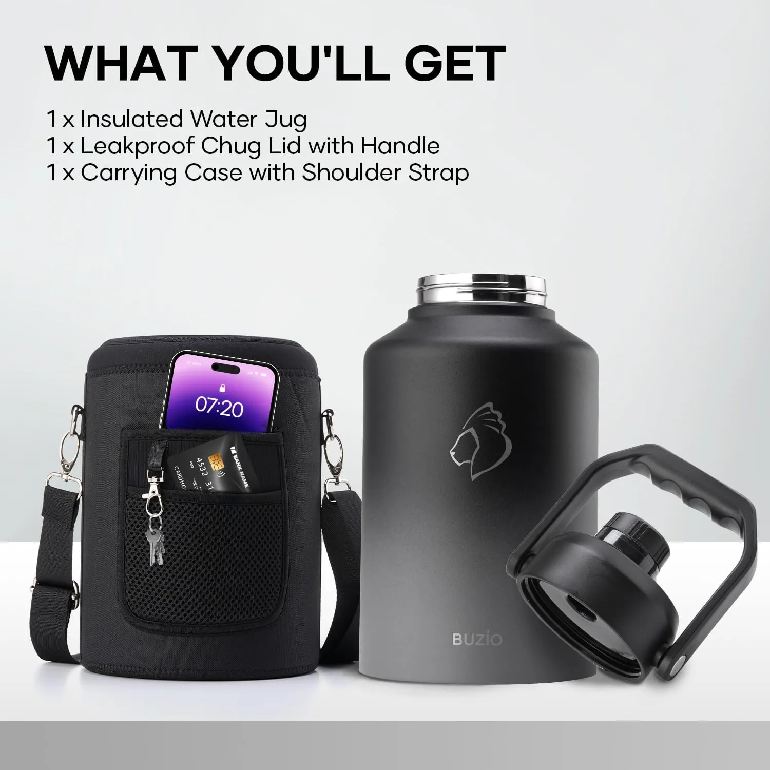 BUZIO One Gallon Water Bottle Insulated, (Cold for 48 Hrs) 128oz Water Jug Large Stainless Steel, 3.58in Big Wide Mouth Leak Proof Metal Flask with Carrying Sleeve for Camping,Gym, Travel, Black Gray