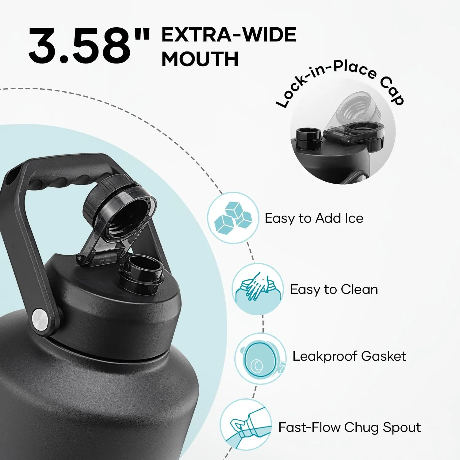 BUZIO One Gallon Water Bottle Insulated, (Cold for 48 Hrs) 128oz Water Jug Large Stainless Steel, 3.58in Big Wide Mouth Leak Proof Metal Flask with Carrying Sleeve for Camping,Gym, Travel, Black Gray