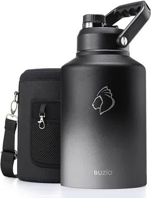BUZIO One Gallon Water Bottle Insulated, (Cold for 48 Hrs) 128oz Water Jug Large Stainless Steel, 3.58in Big Wide Mouth Leak Proof Metal Flask with Carrying Sleeve for Camping,Gym, Travel, Black Gray