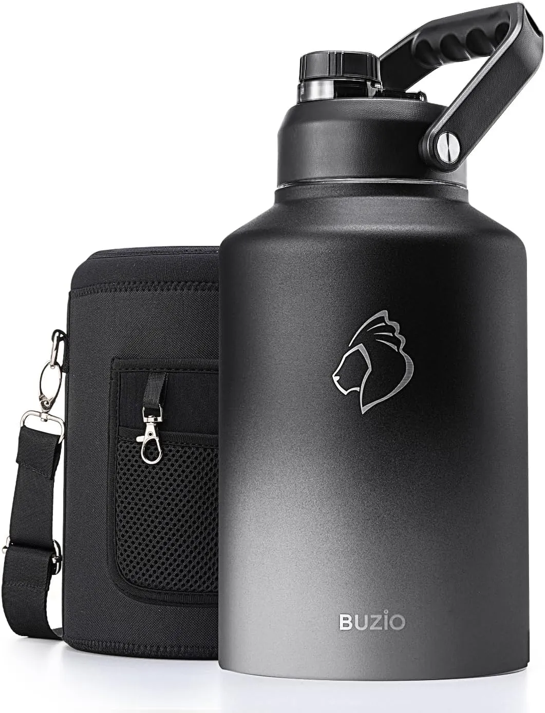 BUZIO One Gallon Water Bottle Insulated, (Cold for 48 Hrs) 128oz Water Jug Large Stainless Steel, 3.58in Big Wide Mouth Leak Proof Metal Flask with Carrying Sleeve for Camping,Gym, Travel, Black Gray