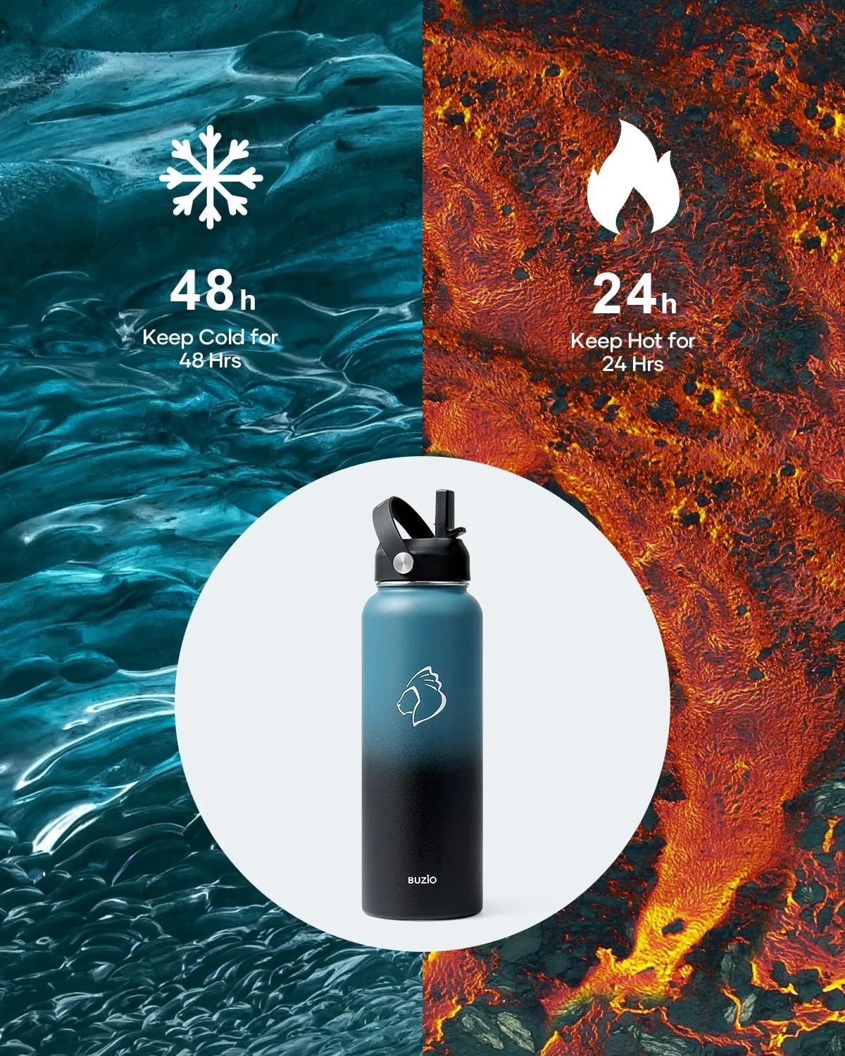 BUZIO Water Bottle with Straw Lid and Flex Cap, 40oz Double Vacuum Stainless Steel Water Flask, Cold for 48 Hrs Hot for 24 Hrs Simple Thermo Canteen Mug, Indigo Black