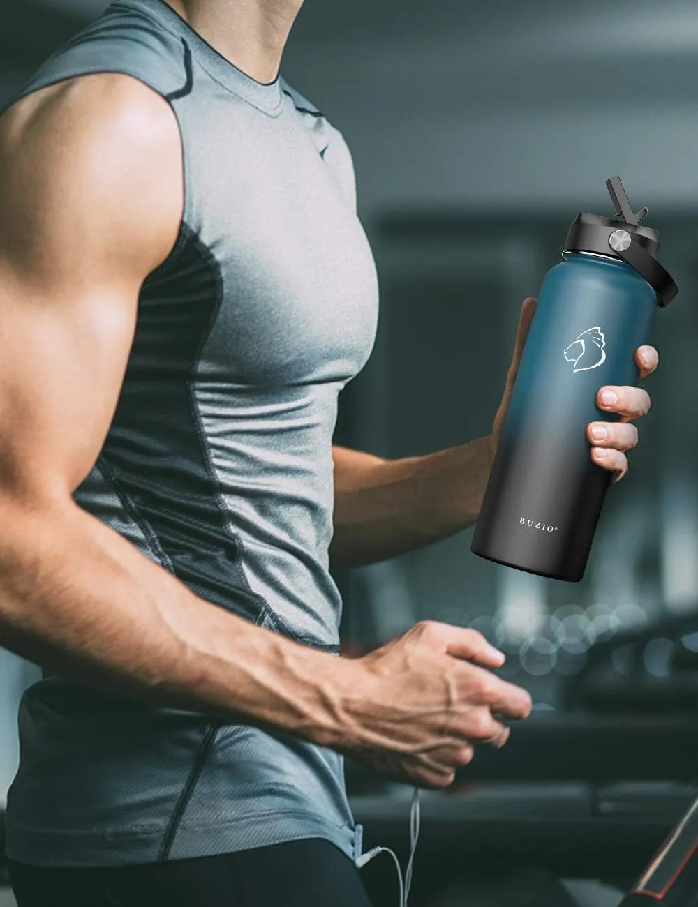BUZIO Water Bottle with Straw Lid and Flex Cap, 40oz Double Vacuum Stainless Steel Water Flask, Cold for 48 Hrs Hot for 24 Hrs Simple Thermo Canteen Mug, Indigo Black