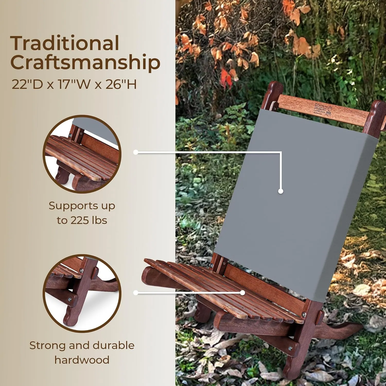 BYER OF MAINE Pangean Lounger Chair – Portable, Lightweight, Foldable Wood and Canvas Chair in Granite – Ideal for Camping, Patio, Lawn, and Beach Use