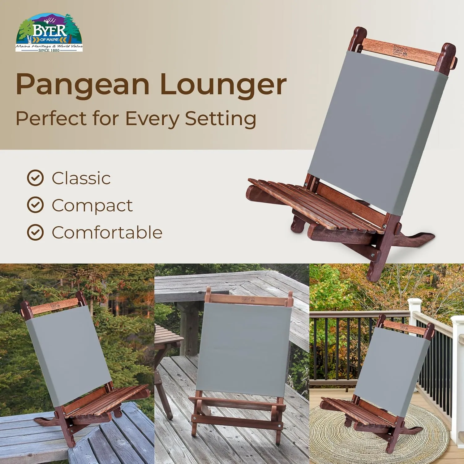BYER OF MAINE Pangean Lounger Chair – Portable, Lightweight, Foldable Wood and Canvas Chair in Granite – Ideal for Camping, Patio, Lawn, and Beach Use