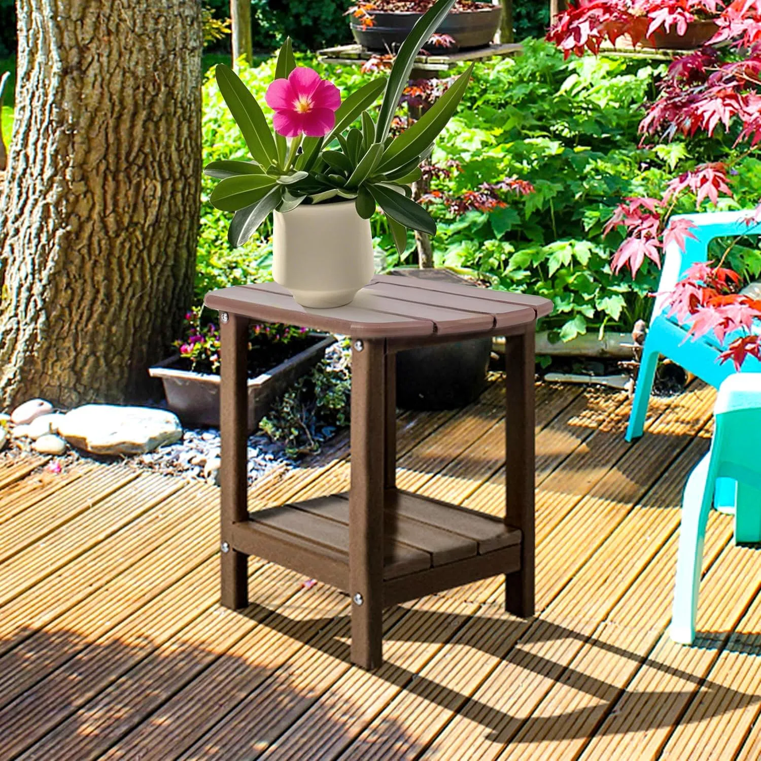 BZY Adirondack Outdoor Side Table - 16.5" Square 2-Tier Patio Table with Weatherproof HDPE Material | All-Weather, Low Maintenance Furniture for Poolside, Porch, Deck