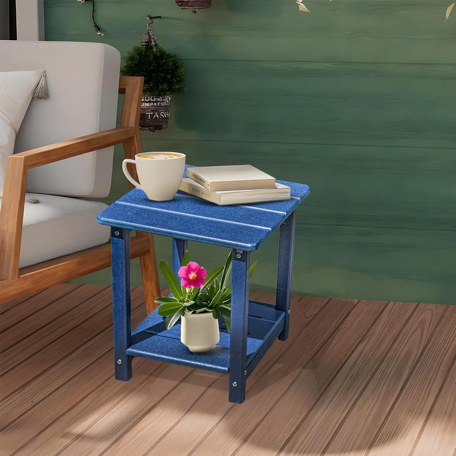 BZY Adirondack Outdoor Side Table - 16.5" Square 2-Tier Patio Table with Weatherproof HDPE Material | All-Weather, Low Maintenance Furniture for Poolside, Porch, Deck