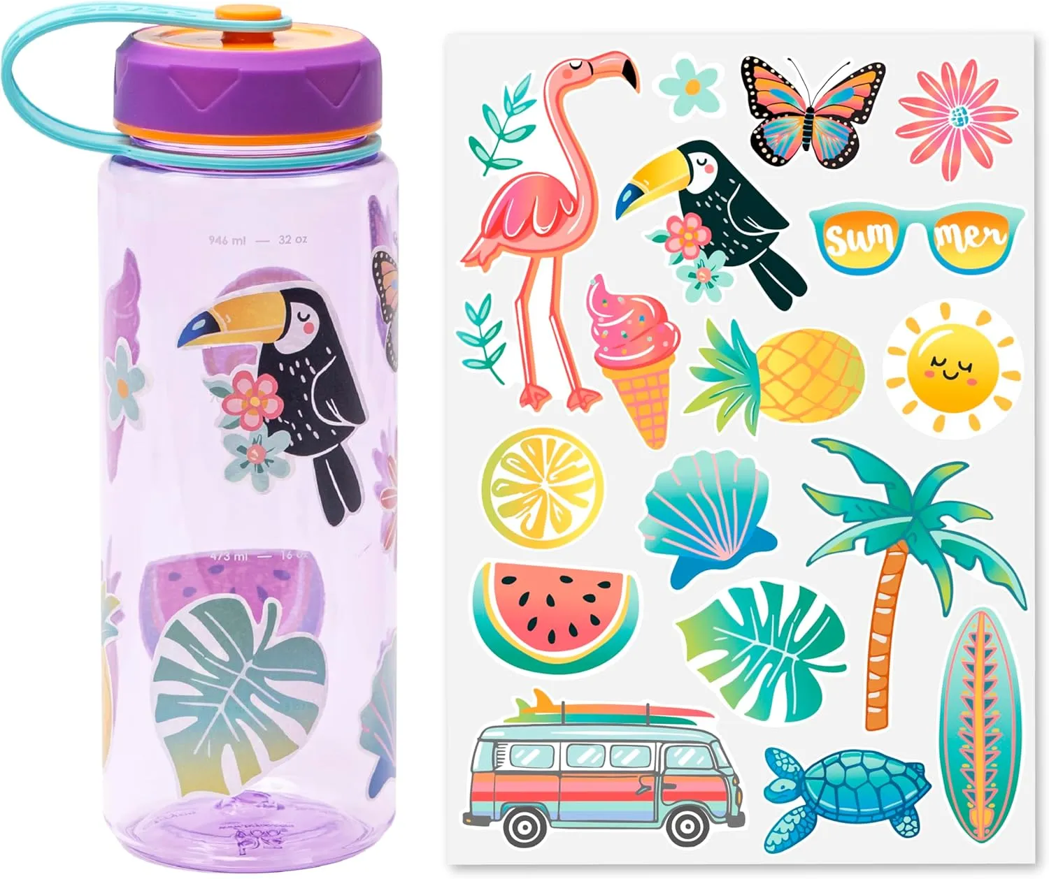 bzyoo HydroPop 36oz Water Bottle w/Personalized Stickers - Leak-Proof, Water Tracking Measurement, Wide Mouth for Ice. Personalized for Gym, School, Work BPA Free - Color Purple